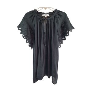 Chelsea & Theodore blouse black sheer crinkle eyelet sleeve crochet lace neck 1X